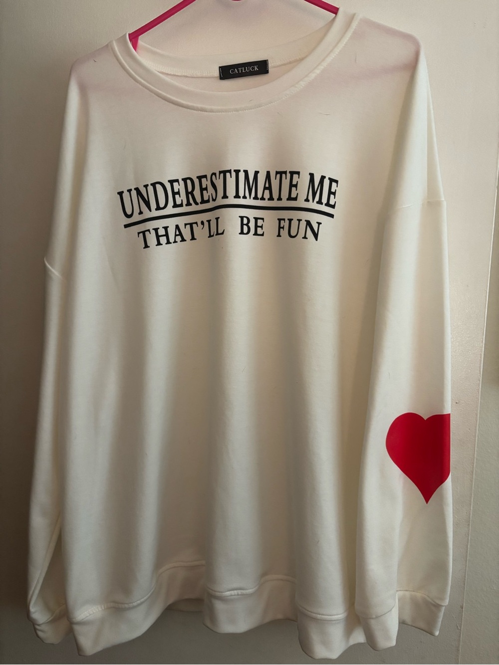 New Catluck White Sweatshirt with Red Heart & 'Underestimate Me' Print. Size 3X